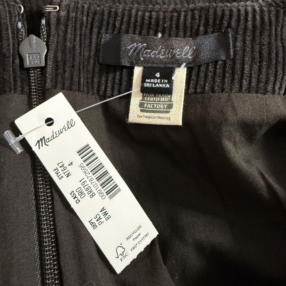 MADEWELL Corduroy Mini Skirt 4 Black Walnut Cotton Lined Zip Pencil NWT B77 - Picture 4 of 5